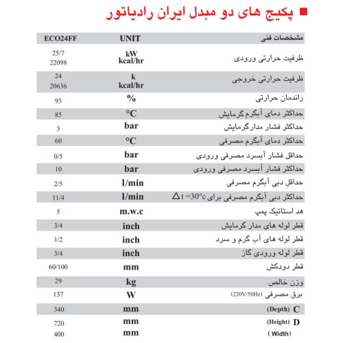 مشخصات پکیج دیواری ایران رادیاتور مدل ECO24FF